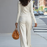 Witte Opstaande Kraag Zip-Up Wijde Pantalon Set