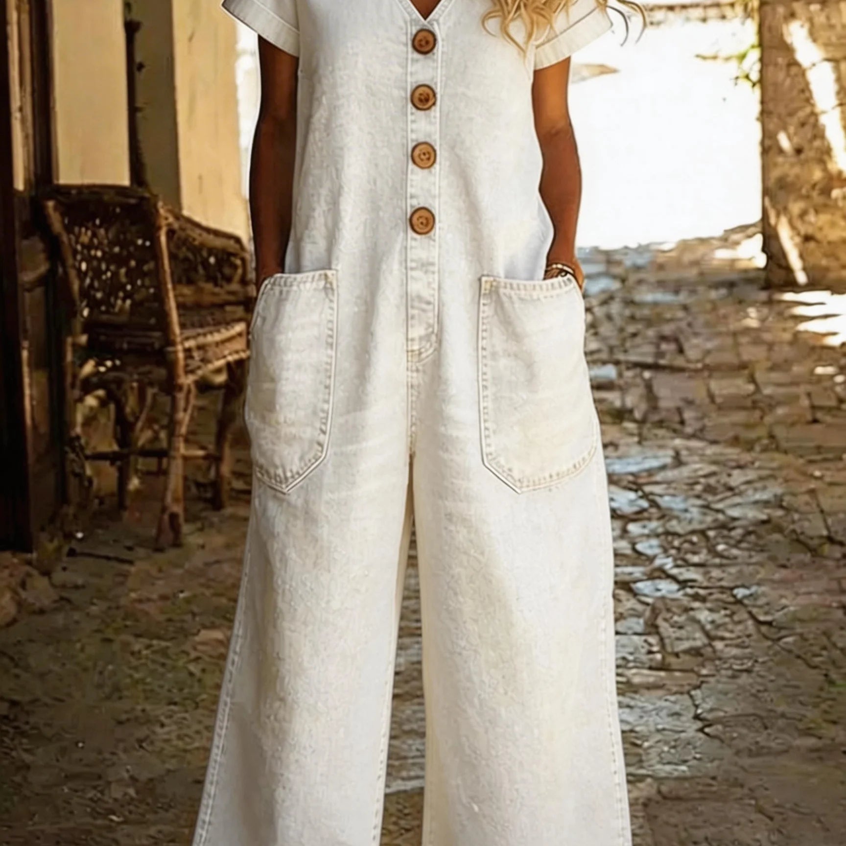 Denise | Denim Jumpsuit met V-hals en Korte Mouwen