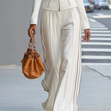 Witte Opstaande Kraag Zip-Up Wijde Pantalon Set