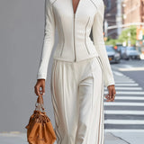 Witte Opstaande Kraag Zip-Up Wijde Pantalon Set