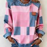 Dames Casual Ronde Hals Denim Patchwork Pullover Sweatshirt