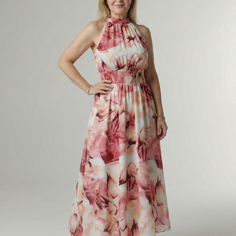Sylin | Geplooide Halter Midi-jurk