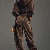 Vintage bruine fluwelen hoodie en losse broek set (Inclusief riem)
