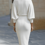 Olivia | Witte Drapé Batwing Midi Jurk