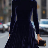 Elissa | Donkerblauwe Midi-jurk met Lange Mouwen
