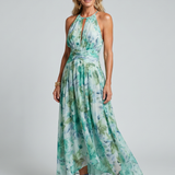 Portia | Geplooide Halter Midi-jurk met Zacht Bloemenpatroon