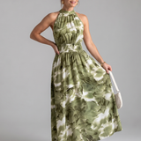 Olivia | Geplooide Taille Abstracte Print Midi Jurk