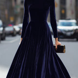 Elissa | Donkerblauwe Midi-jurk met Lange Mouwen
