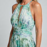 Portia | Geplooide Halter Midi-jurk met Zacht Bloemenpatroon