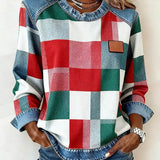 Dames Casual Ronde Hals Denim Patchwork Pullover Sweatshirt