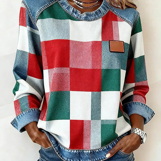 Dames Casual Ronde Hals Denim Patchwork Pullover Sweatshirt