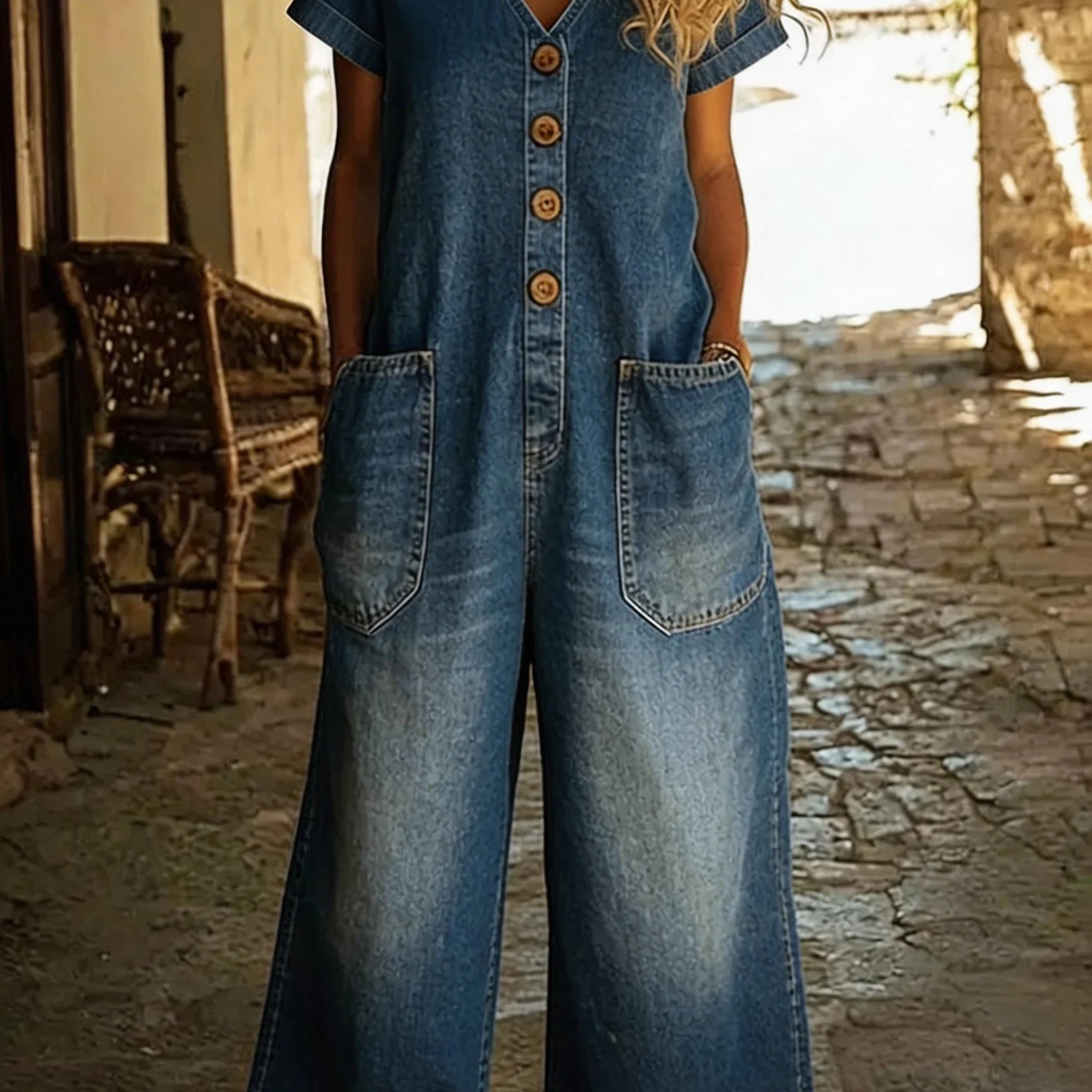 Denise | Denim Jumpsuit met V-hals en Korte Mouwen