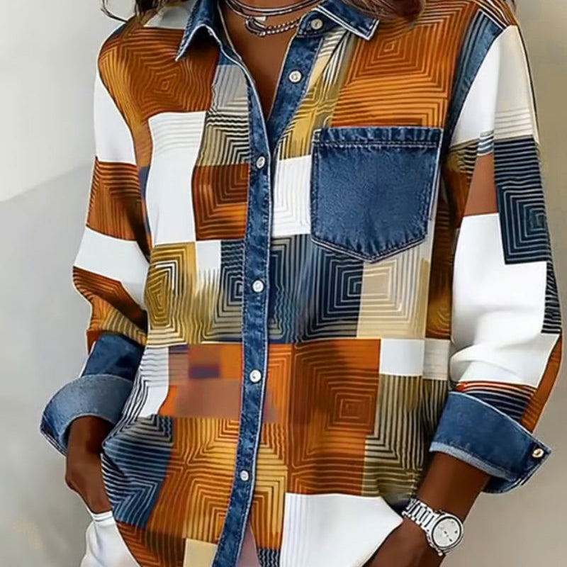 Kleurblok Shirt met Modieuze Kraag