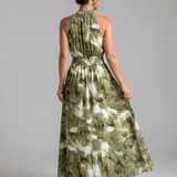 Olivia | Geplooide Taille Abstracte Print Midi Jurk