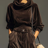 Vintage bruine fluwelen hoodie en losse broek set (Inclusief riem)