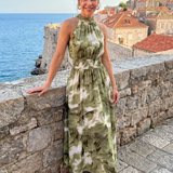 Olivia | Geplooide Taille Abstracte Print Midi Jurk