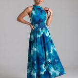 Olivia | Geplooide Taille Abstracte Print Midi Jurk
