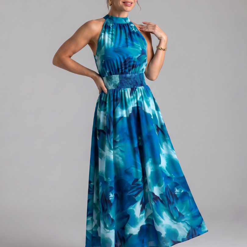 Olivia | Geplooide Taille Abstracte Print Midi Jurk