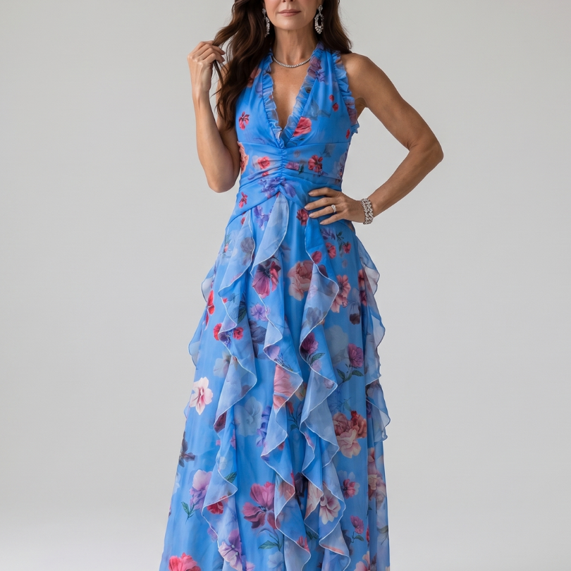 Nori | Halter Neck Rimpel Bodice Bloemen Maxi Jurk