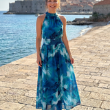 Olivia | Geplooide Taille Abstracte Print Midi Jurk