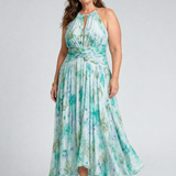 Portia | Geplooide Halter Midi-jurk met Zacht Bloemenpatroon