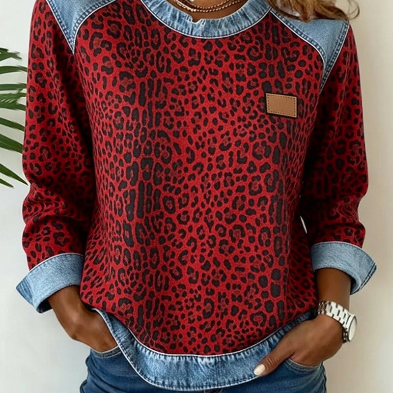 Trui met Luipaardprint en Denim Patchwork