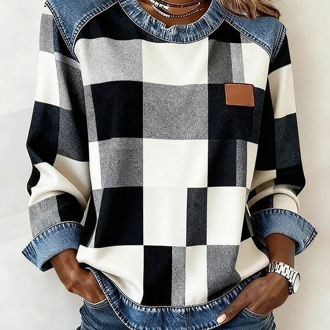 Dames Casual Ronde Hals Denim Patchwork Pullover Sweatshirt