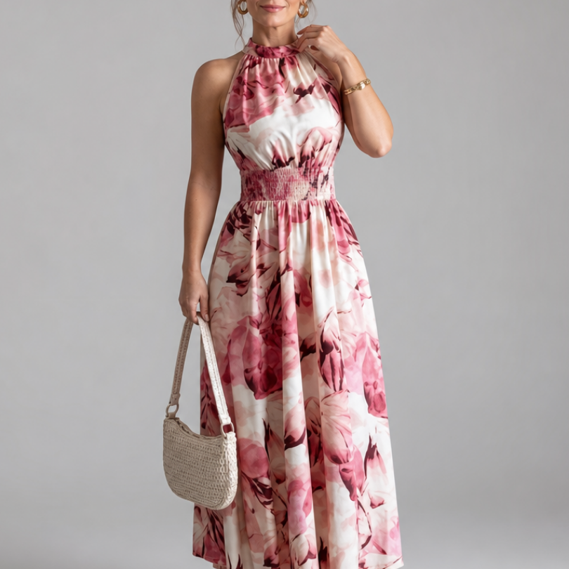 Olivia | Geplooide Taille Abstracte Print Midi Jurk