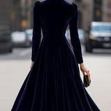 Elissa | Donkerblauwe Midi-jurk met Lange Mouwen