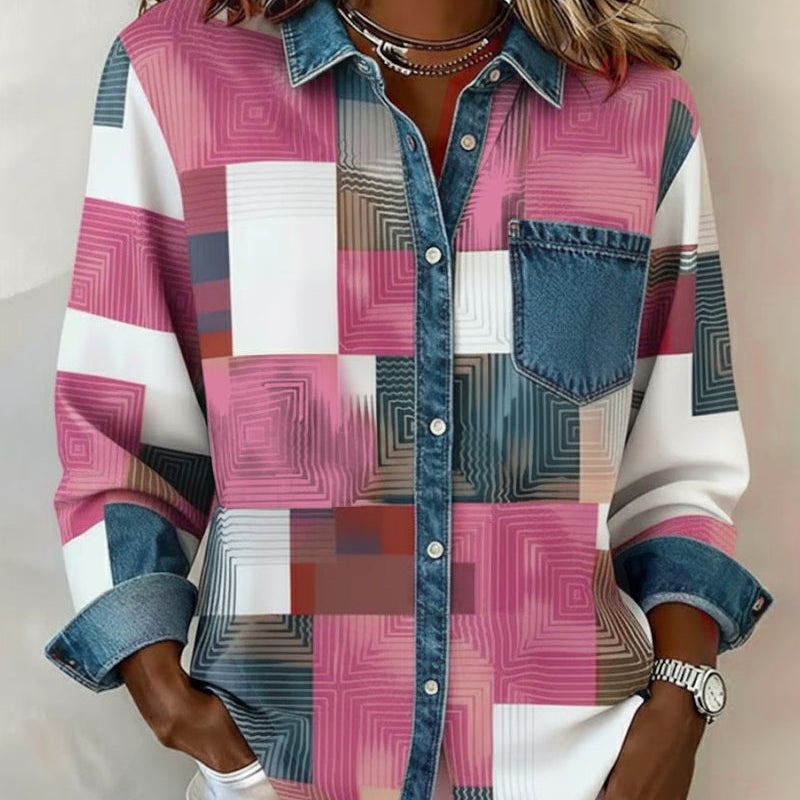 Kleurblok Shirt met Modieuze Kraag