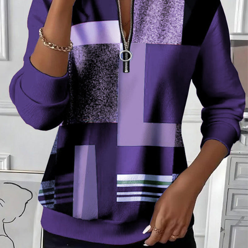 Casual Trui met Halve Rits en Print