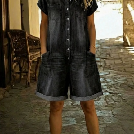 Elvora | Denim Playsuit met Kraag en Korte Mouwen