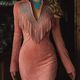 Vintage Western Tassel Geborduurde Roze Faux Suede Maxi Jurk