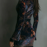 Bloemenprint V-hals Fluwelen Kant Trim Slim-fit mini-jurk
