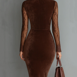 Bruine Vintage Sleutelgat Halslijn Kant Mouw Velours Mini Jurk