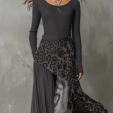 Grijze Pit Stripe Luipaardprint Splicing Ongelijke Zoom Maxi Jurk
