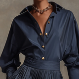 Marineblauwe Shirt en Plissé Rok Twee-Delige Set