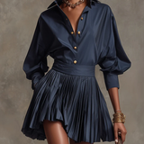 Marineblauwe Shirt en Plissé Rok Twee-Delige Set