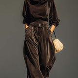Vintage bruine fluwelen hoodie en losse broek set (Inclusief riem)