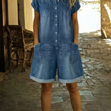 Elvora | Denim Playsuit met Kraag en Korte Mouwen