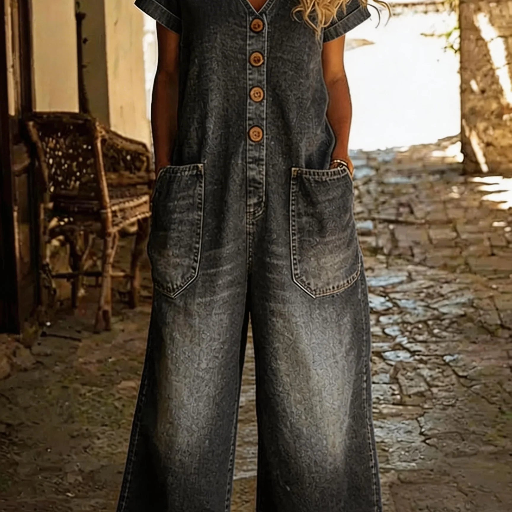 Denise | Denim Jumpsuit met V-hals en Korte Mouwen