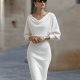 Olivia | Witte Drapé Batwing Midi Jurk