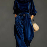 Vintage bruine fluwelen hoodie en losse broek set (Inclusief riem)