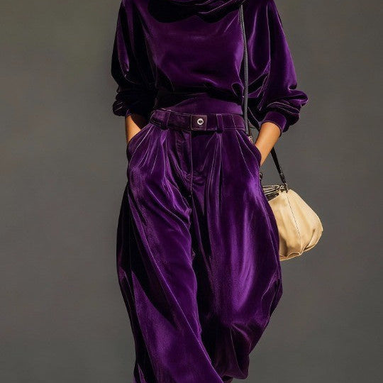Vintage bruine fluwelen hoodie en losse broek set (Inclusief riem)